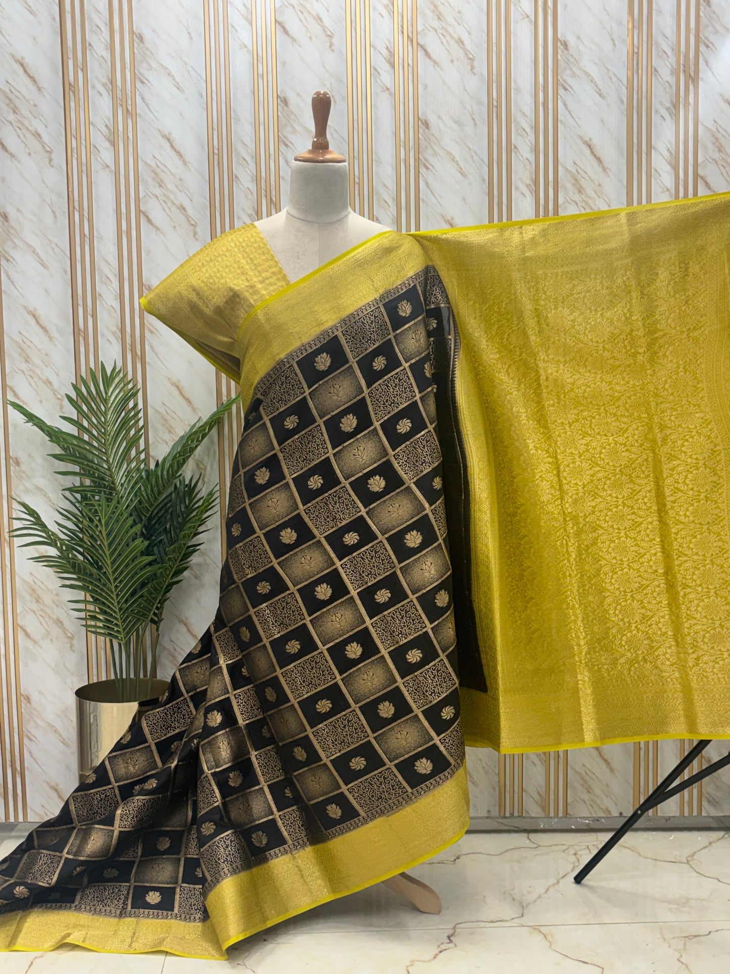 Semi Mysore Crepe (Checks and Brocade Blouse)