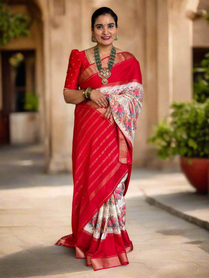 Semi Mysore Crepe (2D Contrast, Floral Digital Print)