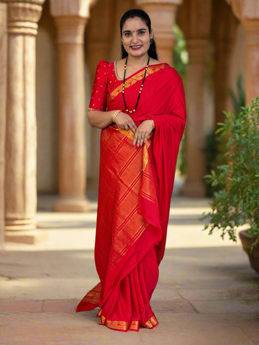 Semi Mysore Crepe (Self, Traditional Leaf and Floral Border)