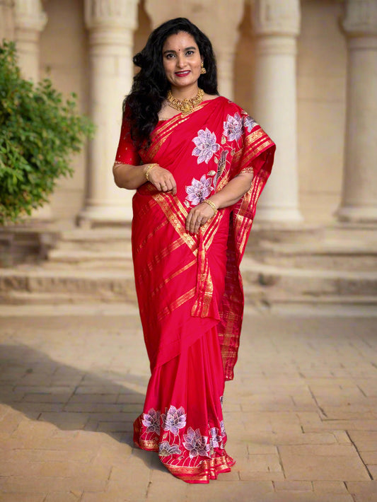 Semi Mysore Crepe(Premium, Small Lotus Bentex Border And Rich Floral Embroidery)