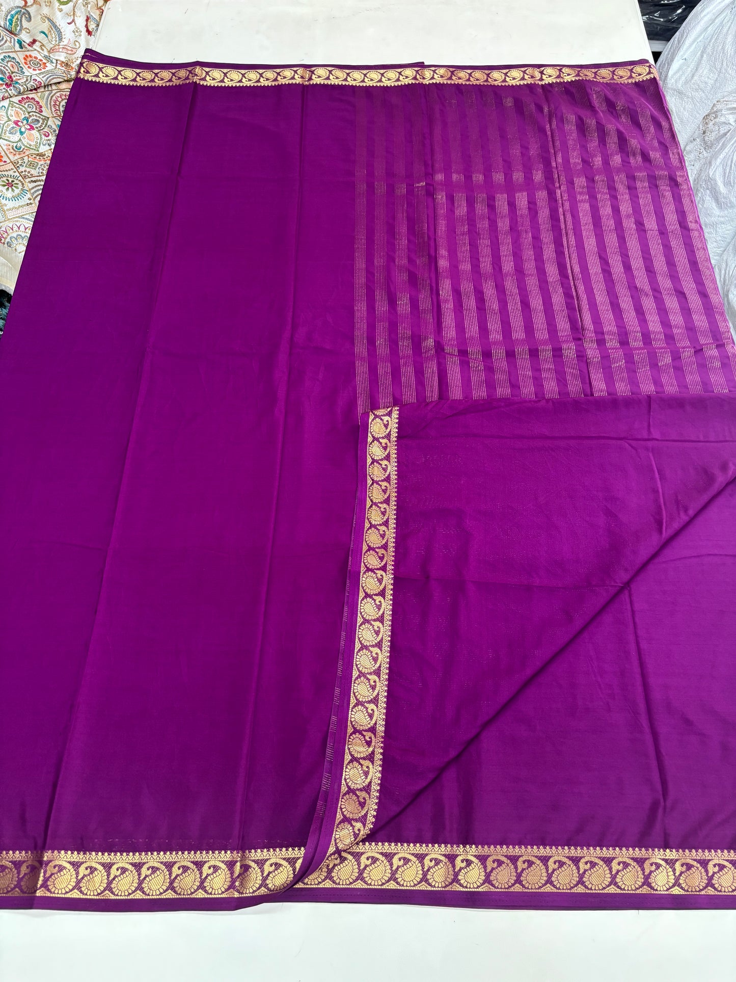 Semi Mysore Crepe(Self, Premium, Small Mango Border)