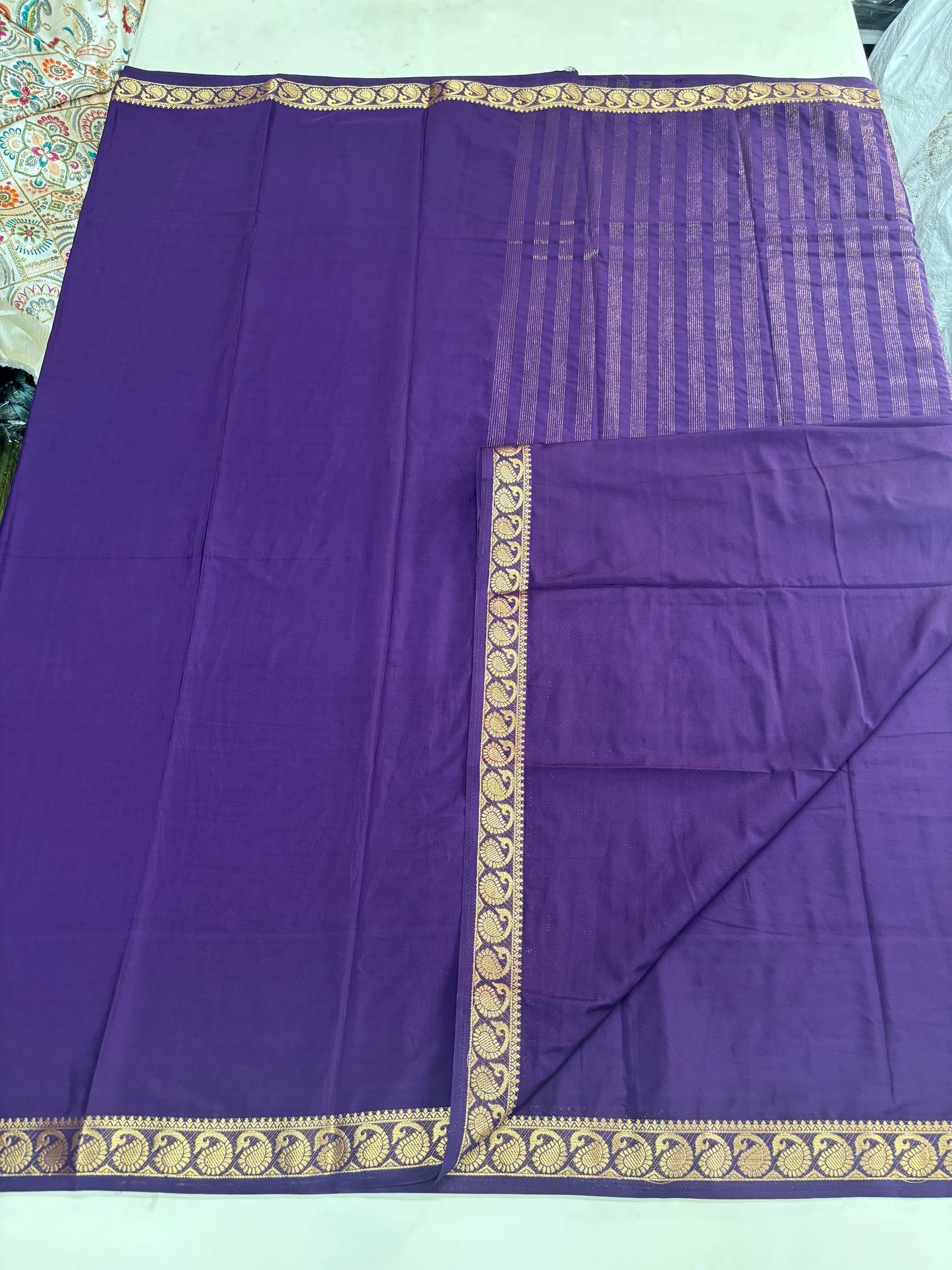 Semi Mysore Crepe(Self, Premium, Small Mango Border)