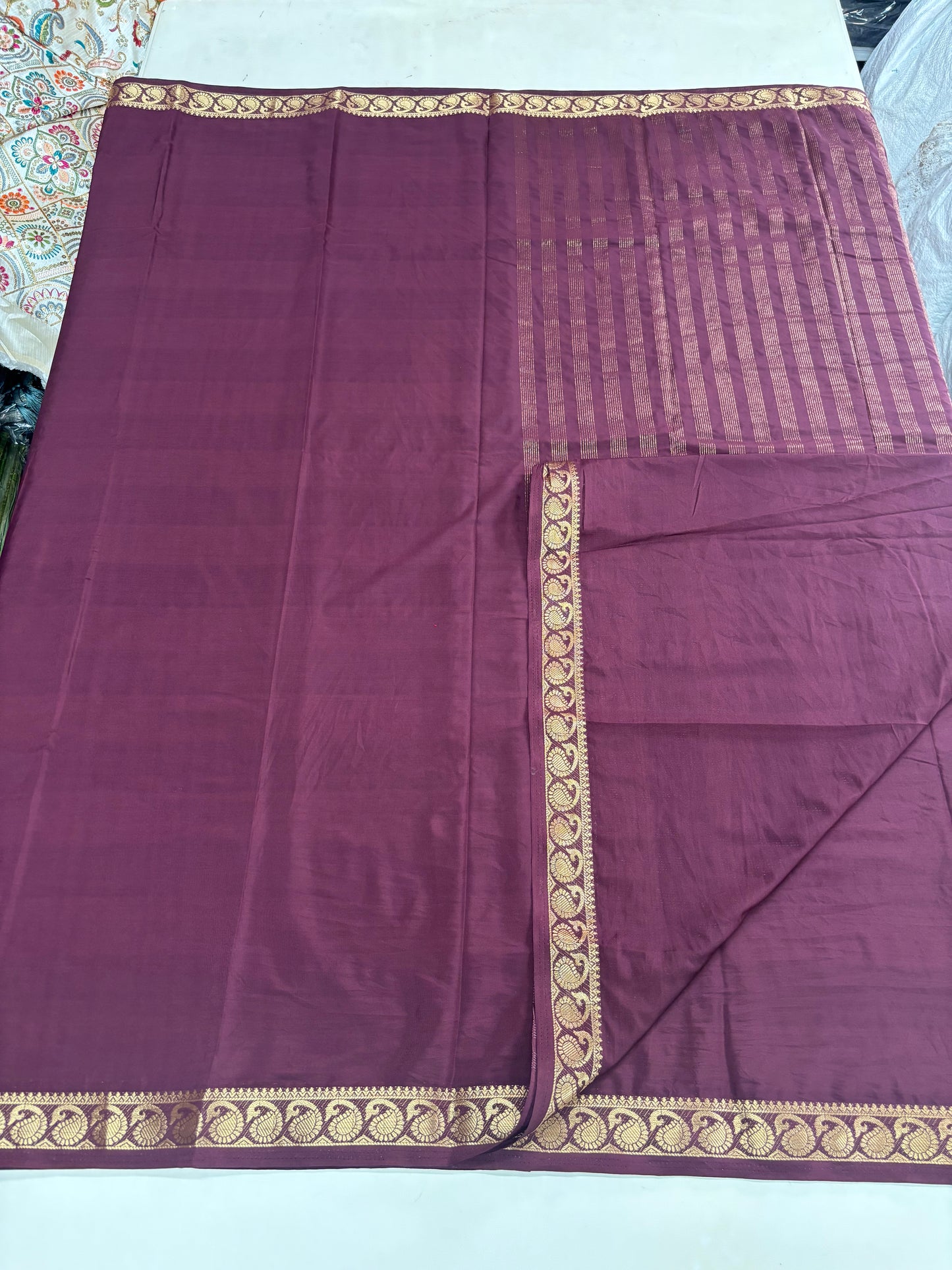 Semi Mysore Crepe(Self, Premium, Small Mango Border)