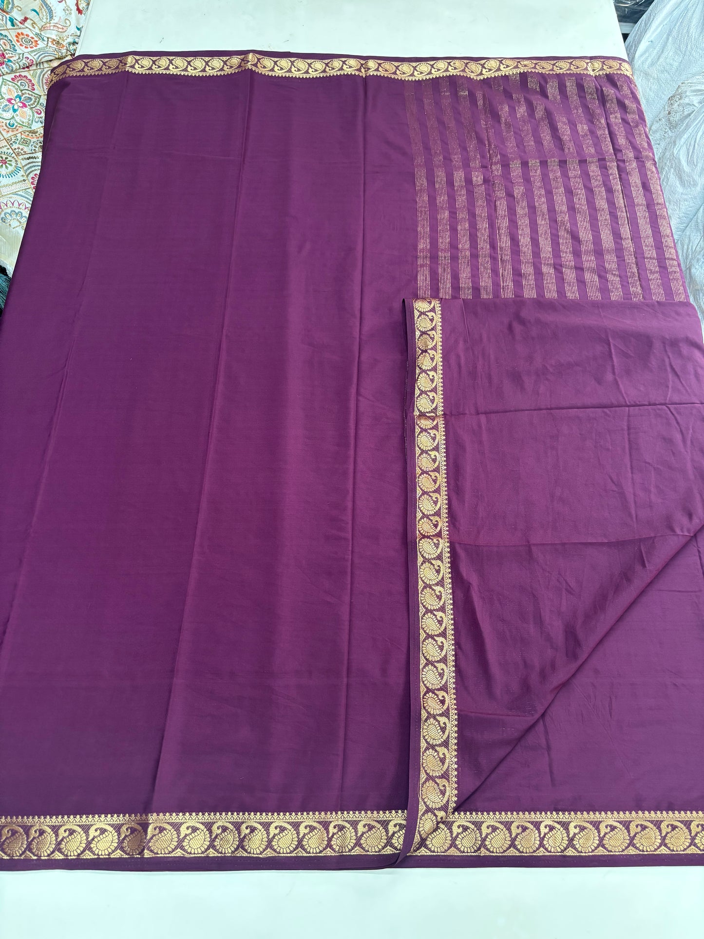 Semi Mysore Crepe(Self, Premium, Small Mango Border)