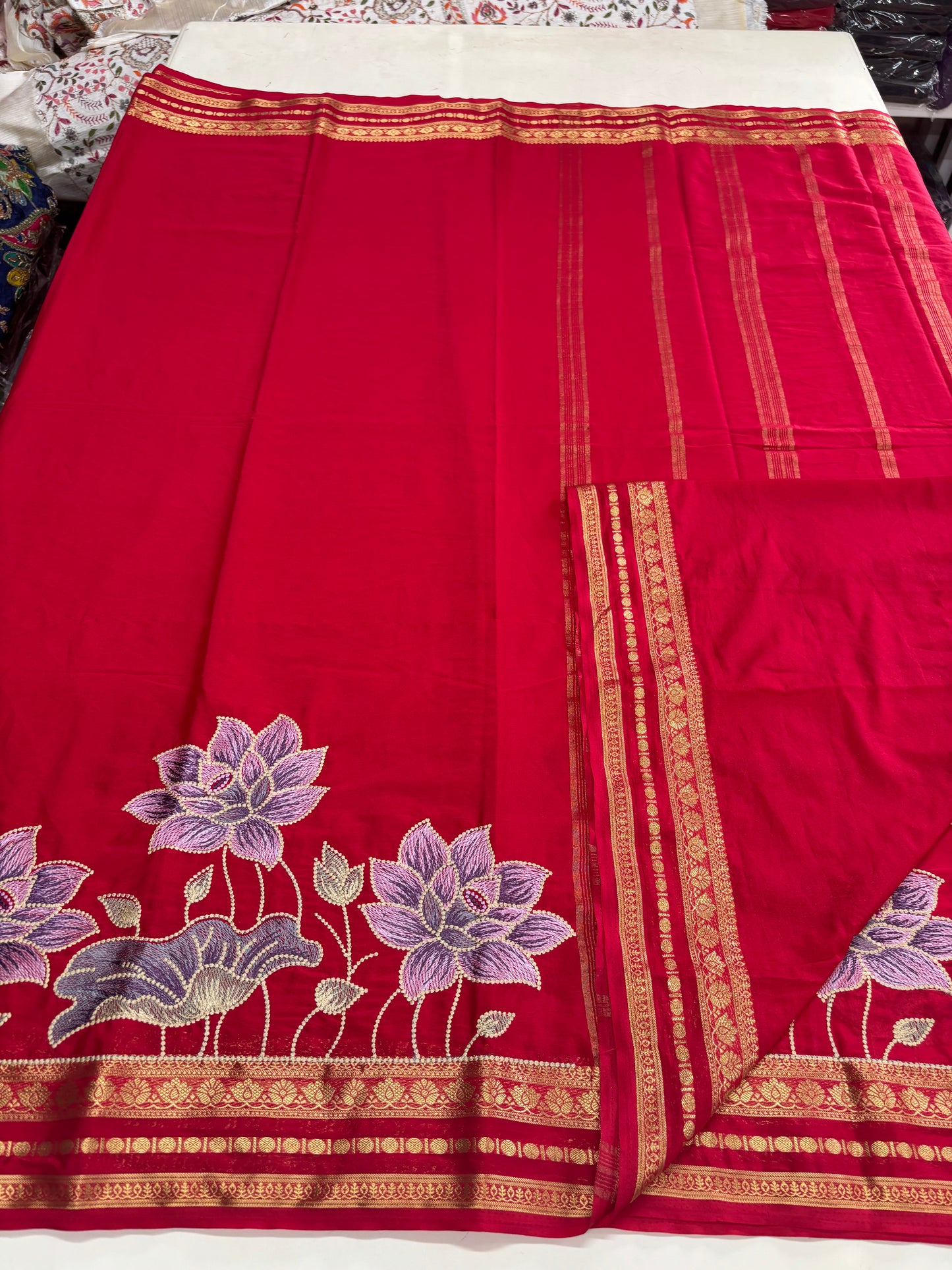 Semi Mysore Crepe(Premium, Small Lotus Bentex Border And Rich Floral Embroidery)