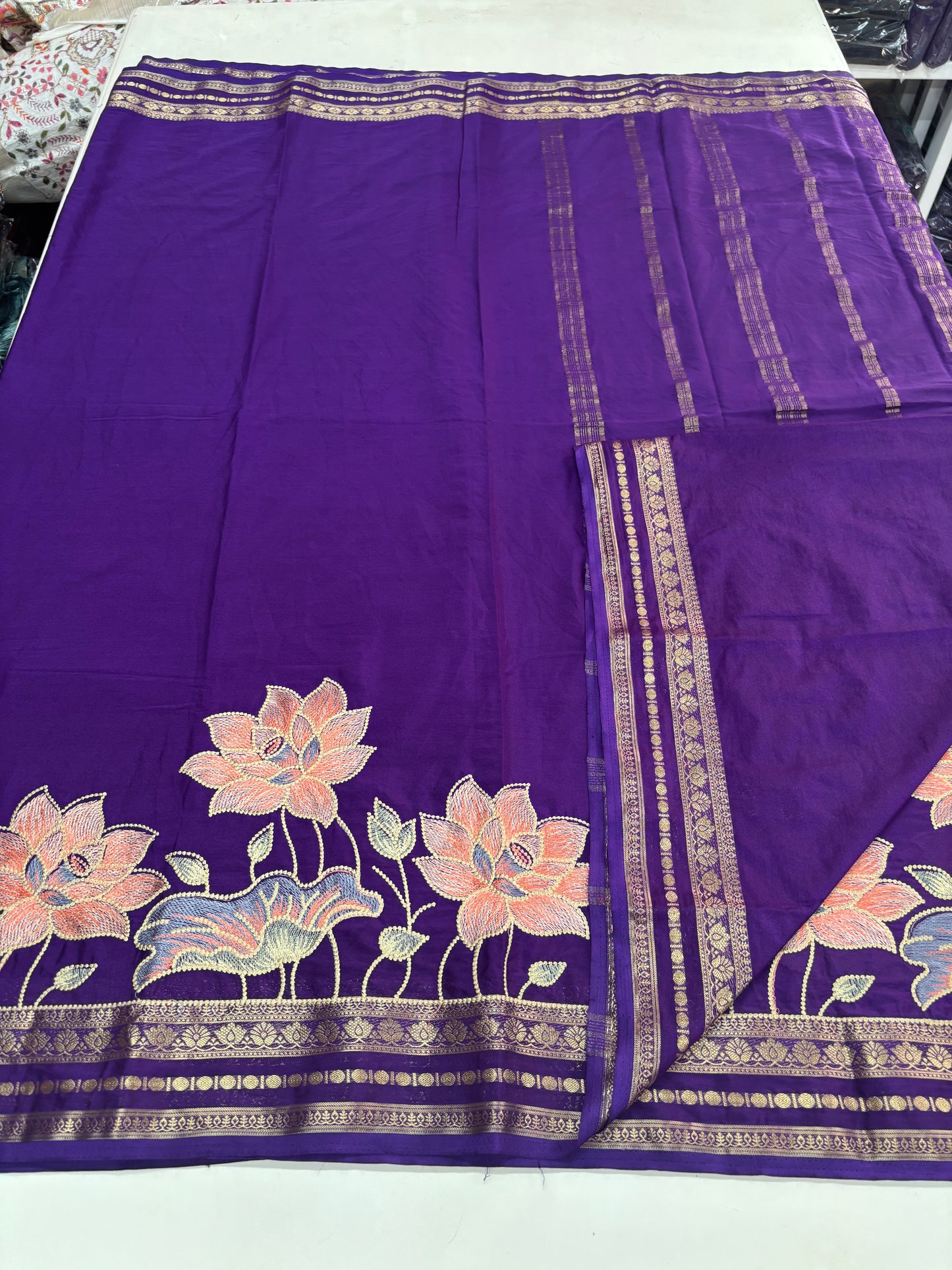 Semi Mysore Crepe(Premium, Small Lotus Bentex Border And Rich Floral Embroidery)