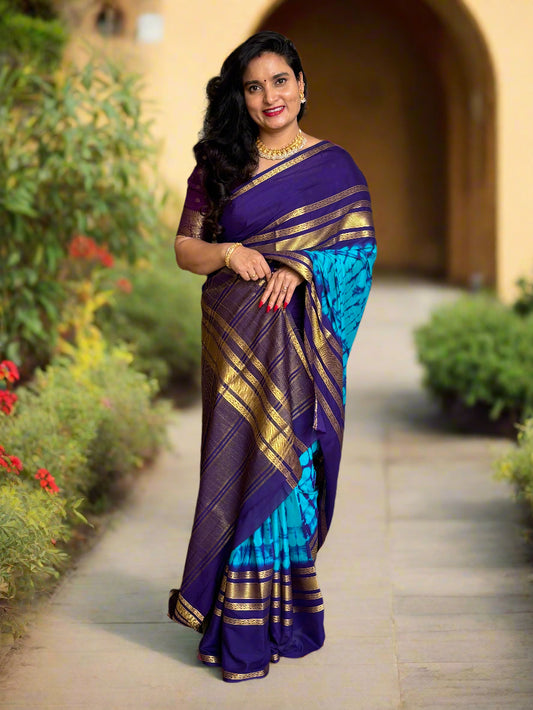 Semi Mysore Crepe (Shibori Marble Pattern, Big 4 Lines Border)