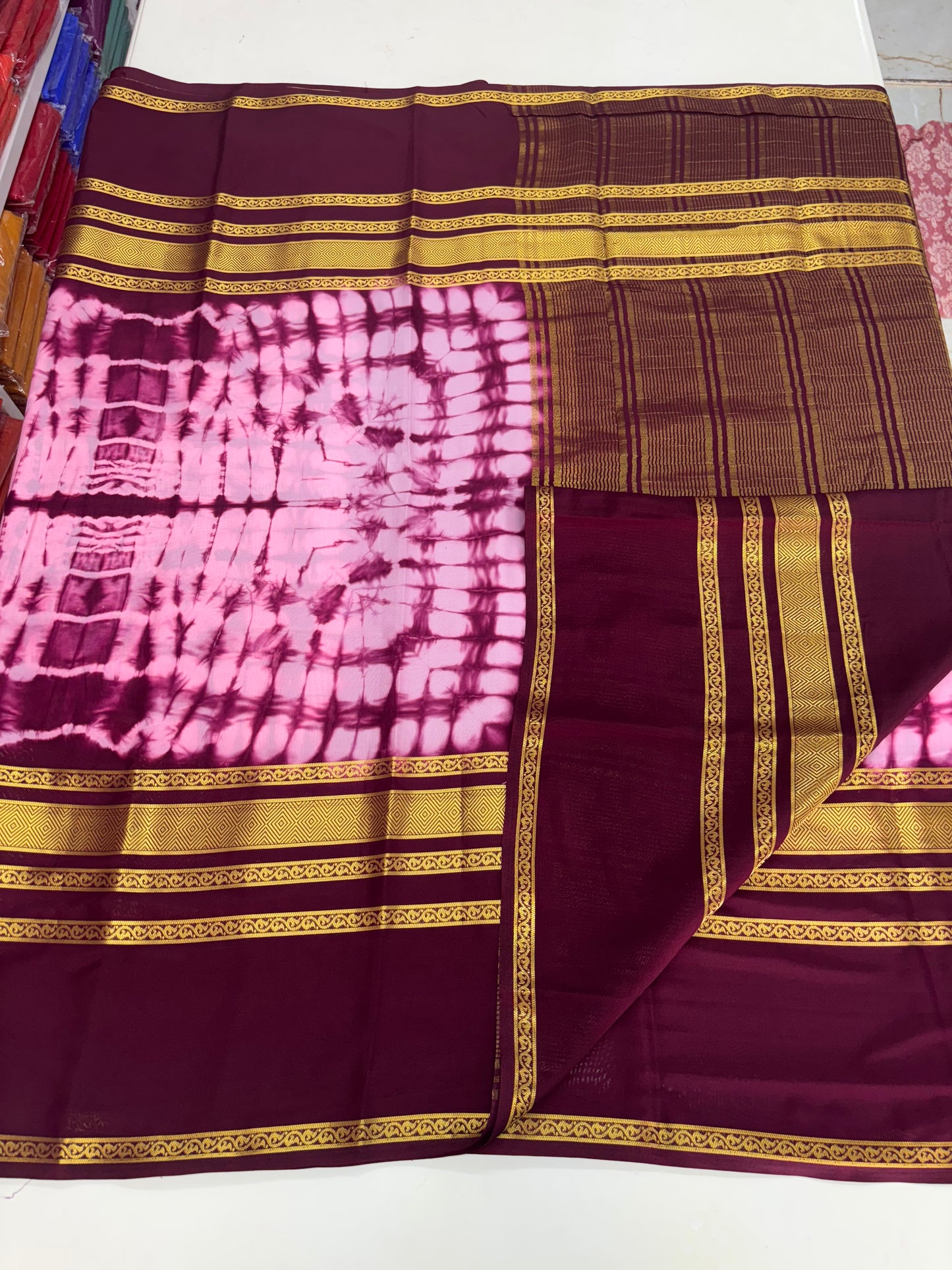 Semi Mysore Crepe (Shibori Marble Pattern, Big 4 Lines Border)