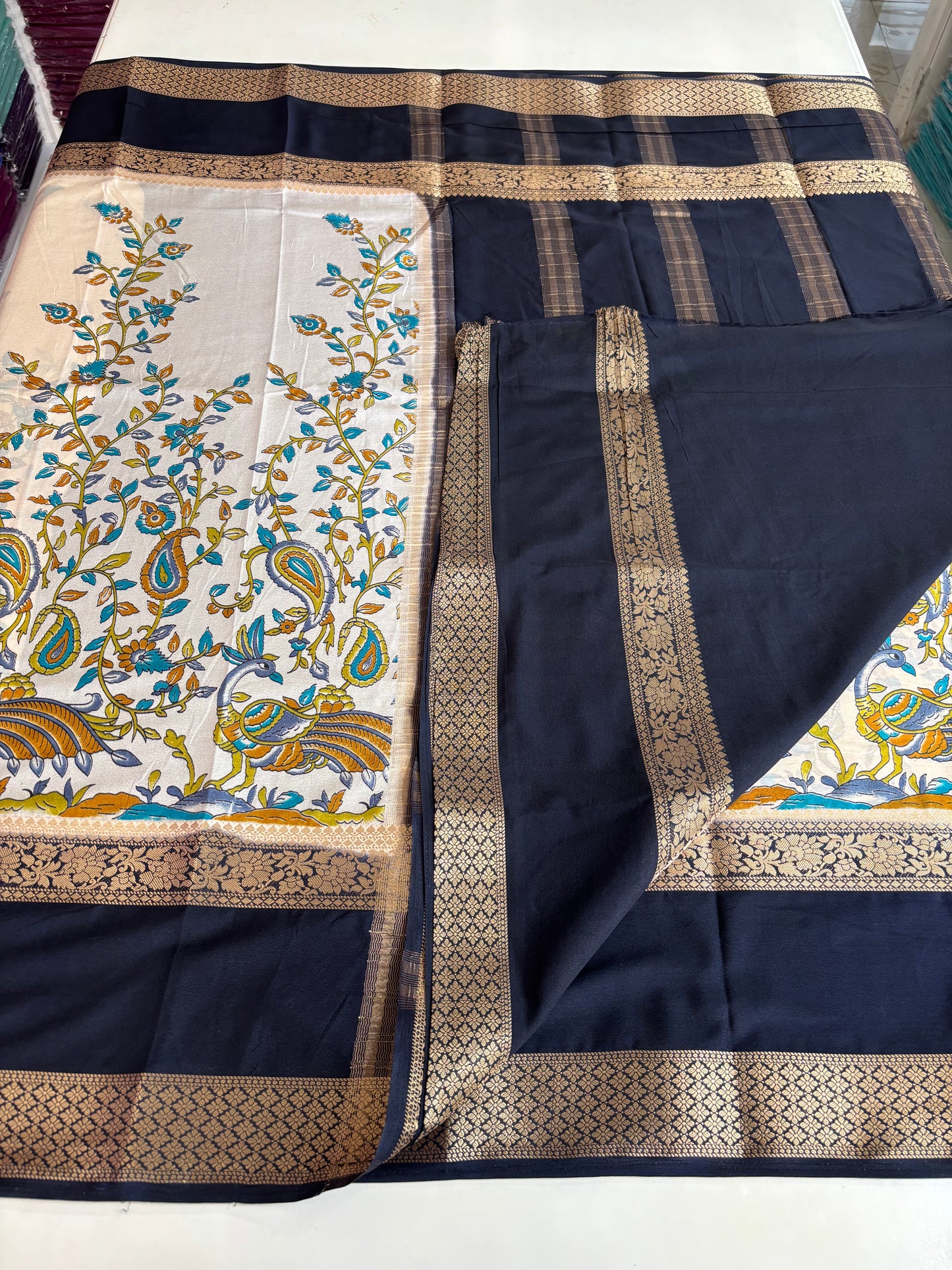 Semi Mysore Crepe (Peacock Kalamkari Print)