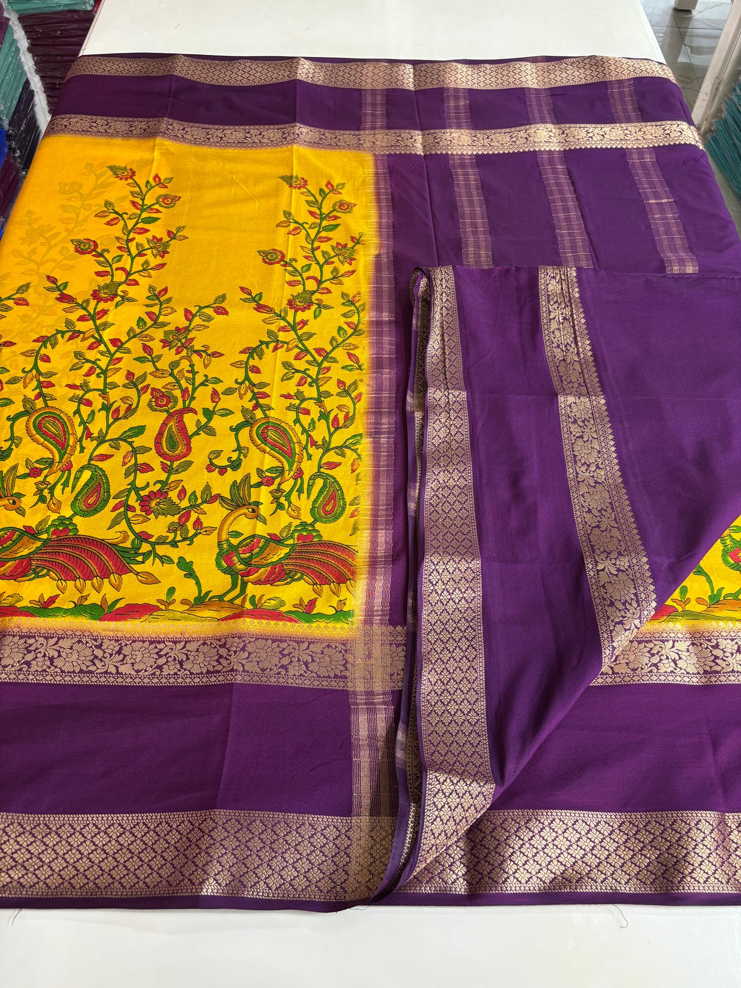 Semi Mysore Crepe (Peacock Kalamkari Print)
