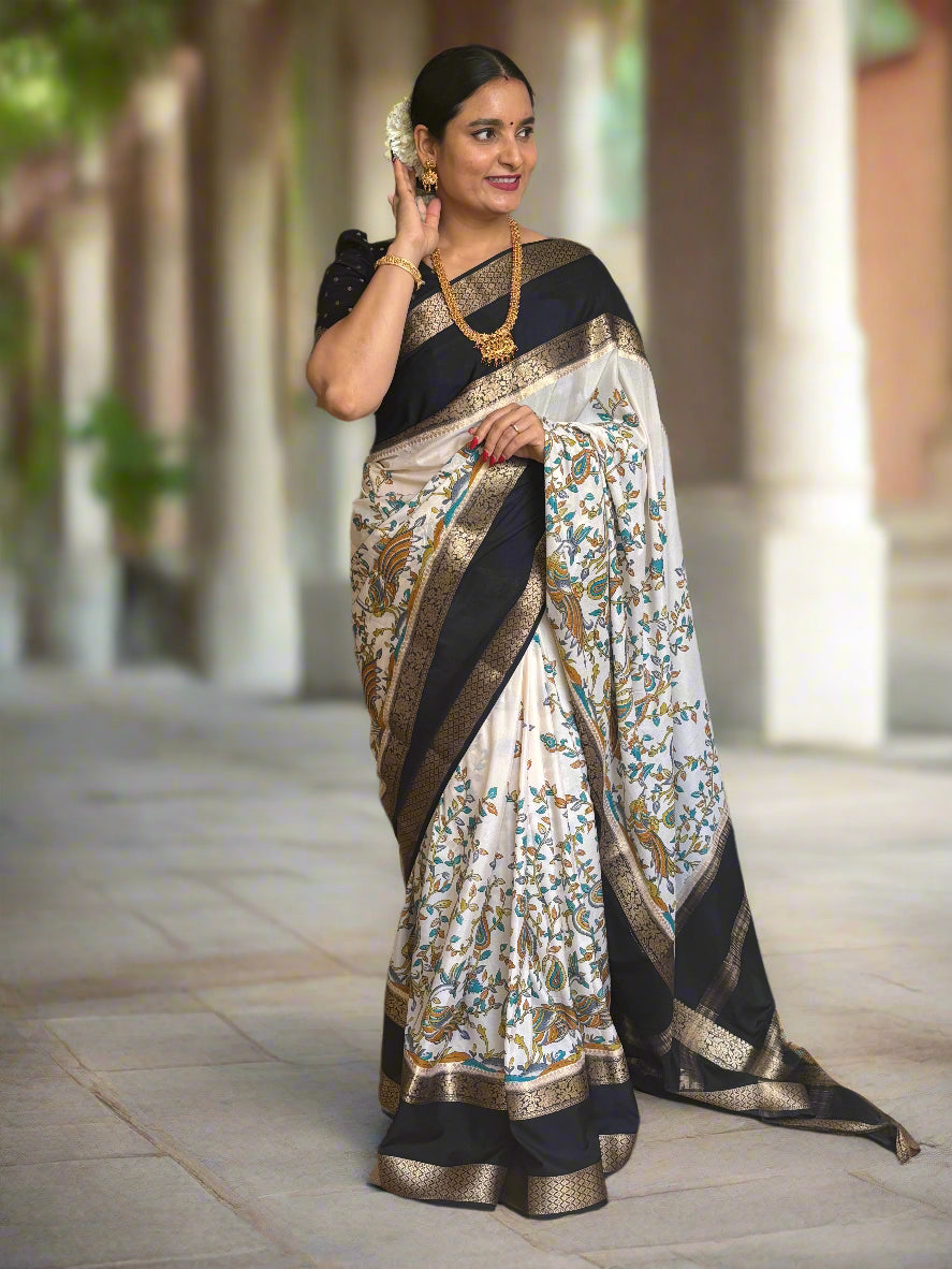 Semi Mysore Crepe (Peacock Kalamkari Print)