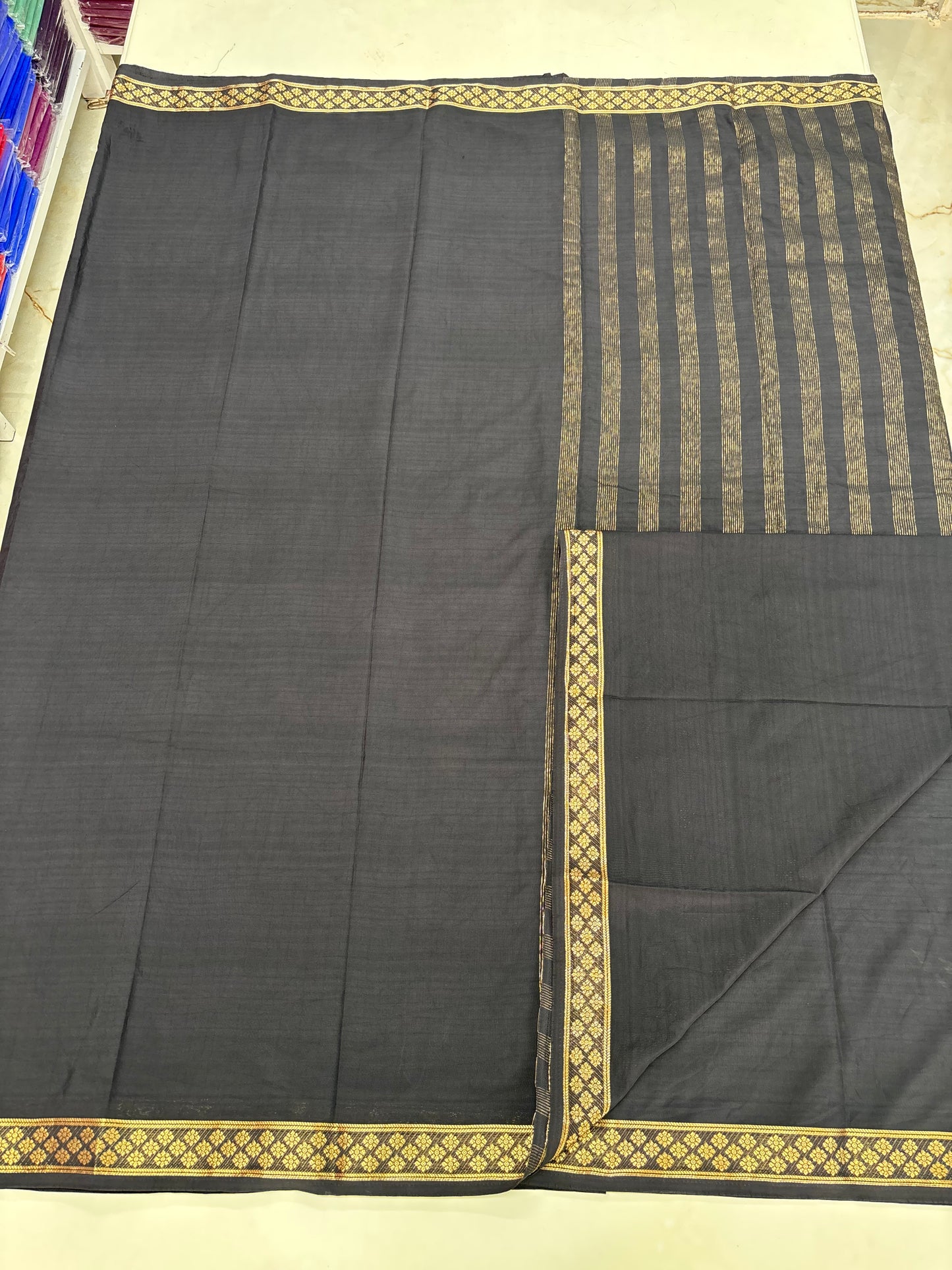 Semi Mysore Crepe (Self, Small Floral Bentex Border)
