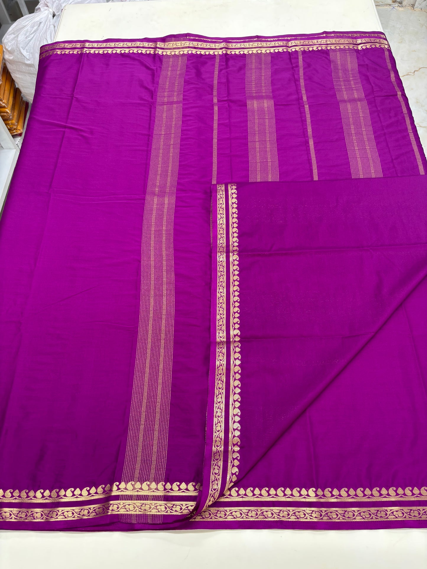 Semi Mysore Crepe (Self, Small Bentex Mango Border)