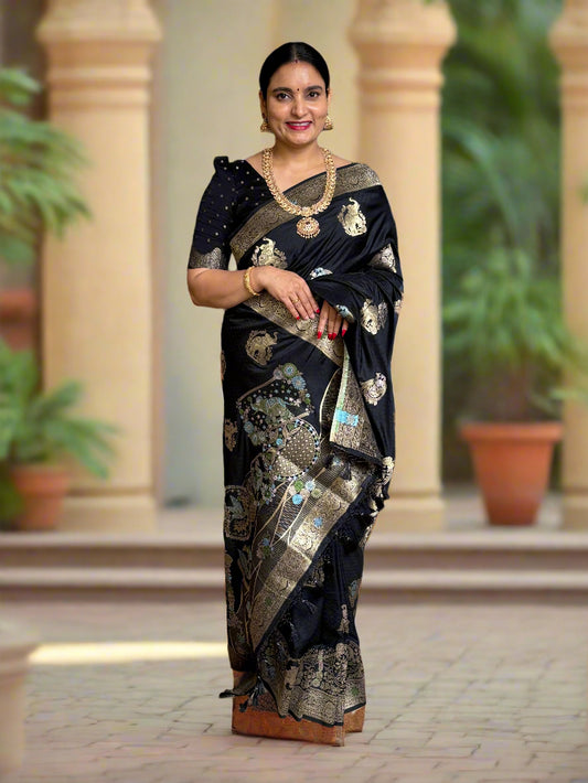 Embossed Crepe (Grand, Elephant and Peacock Meenakari Motifs)