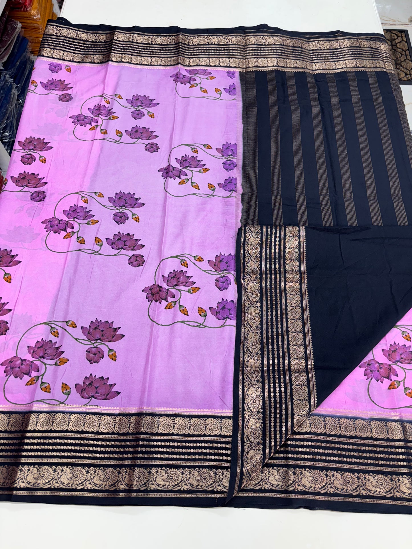 Semi Mysore Crepe (Floral Printed, Mango and Peacock Border)