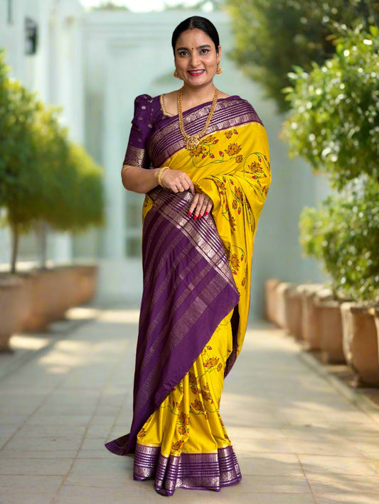 Semi Mysore Crepe (Floral Printed, Mango and Peacock Border)