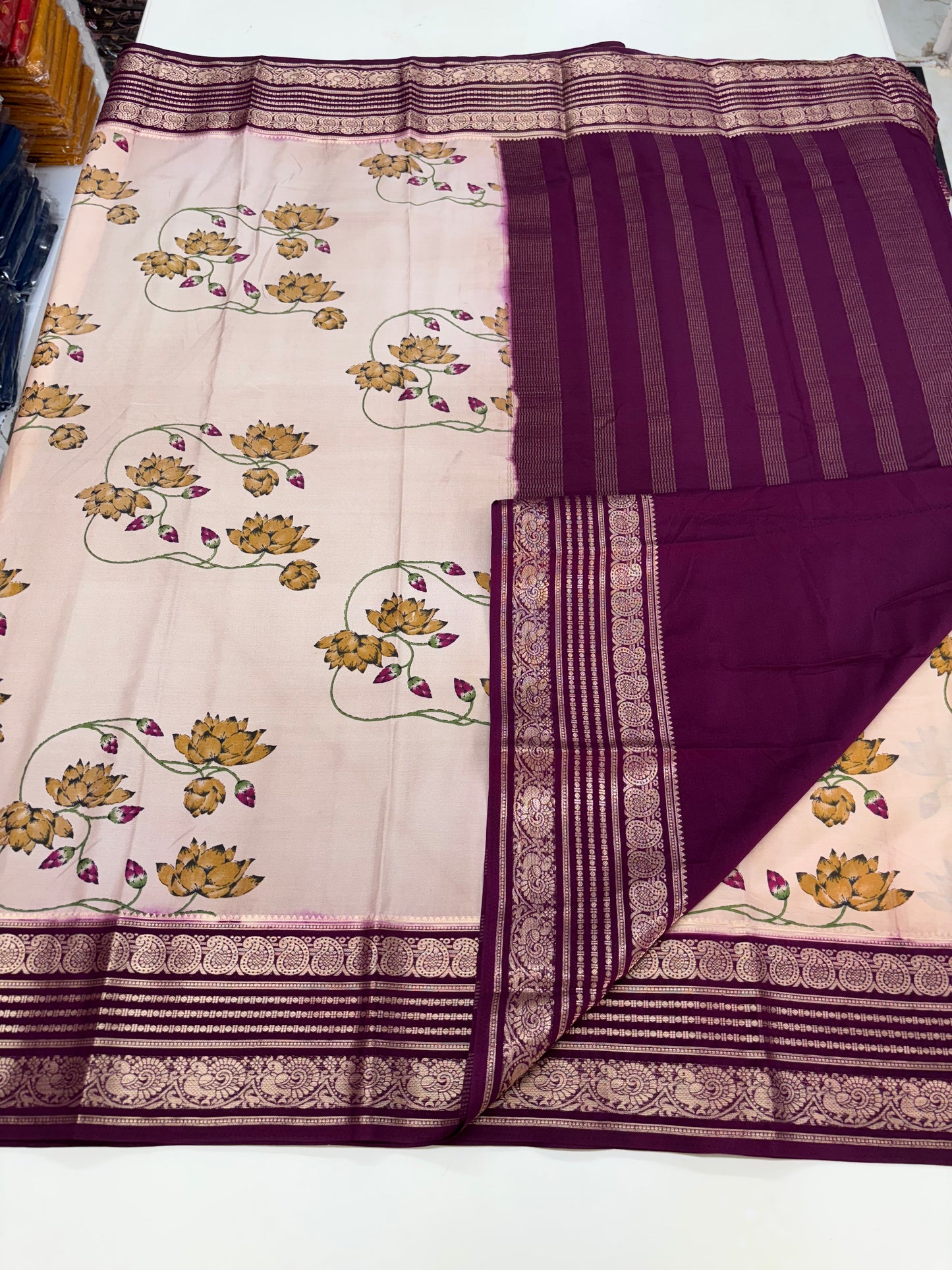 Semi Mysore Crepe (Floral Printed, Mango and Peacock Border)