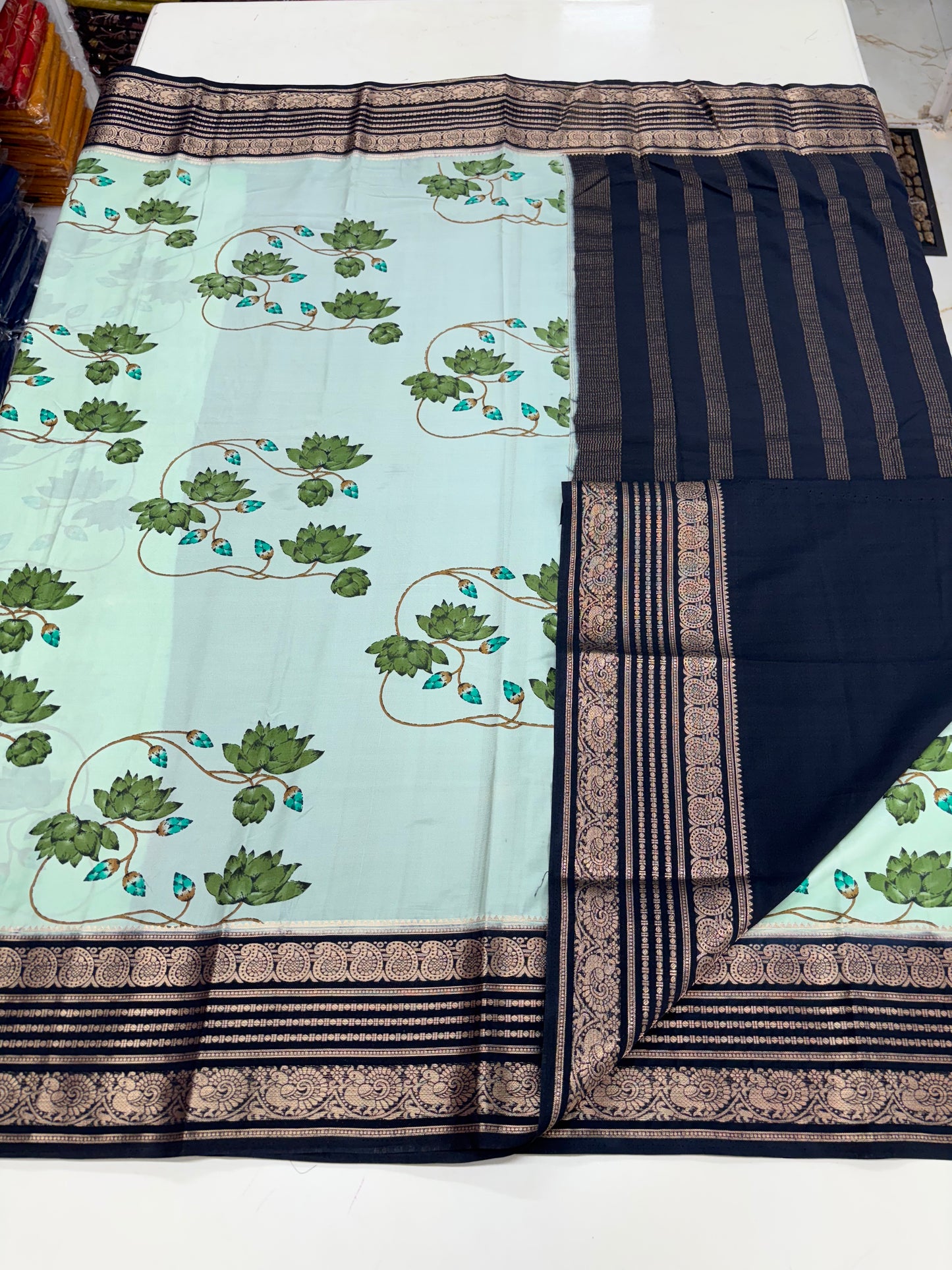 Semi Mysore Crepe (Floral Printed, Mango and Peacock Border)
