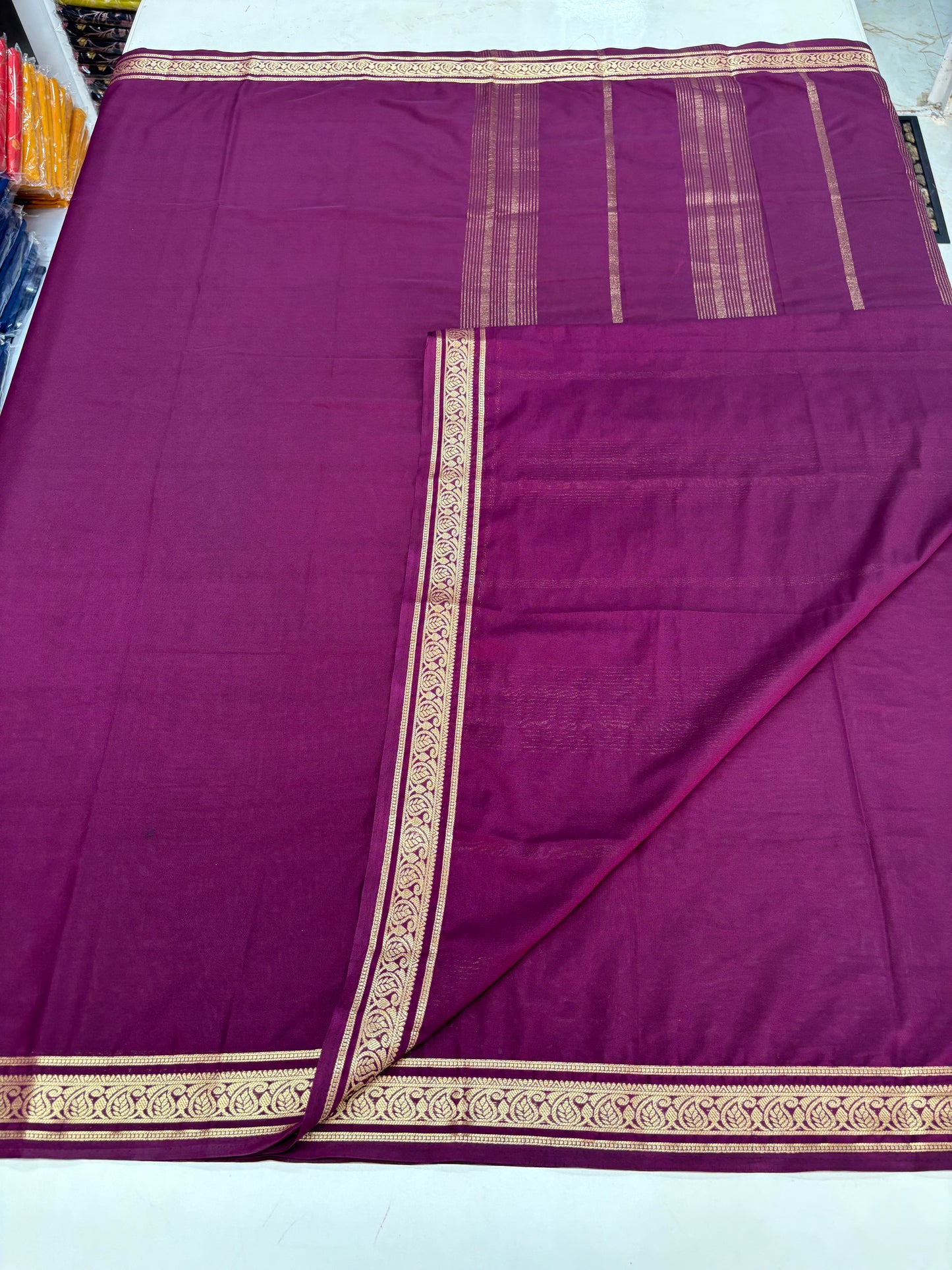 Semi Mysore Crepe (Self, Small Bentex Leaf Border)