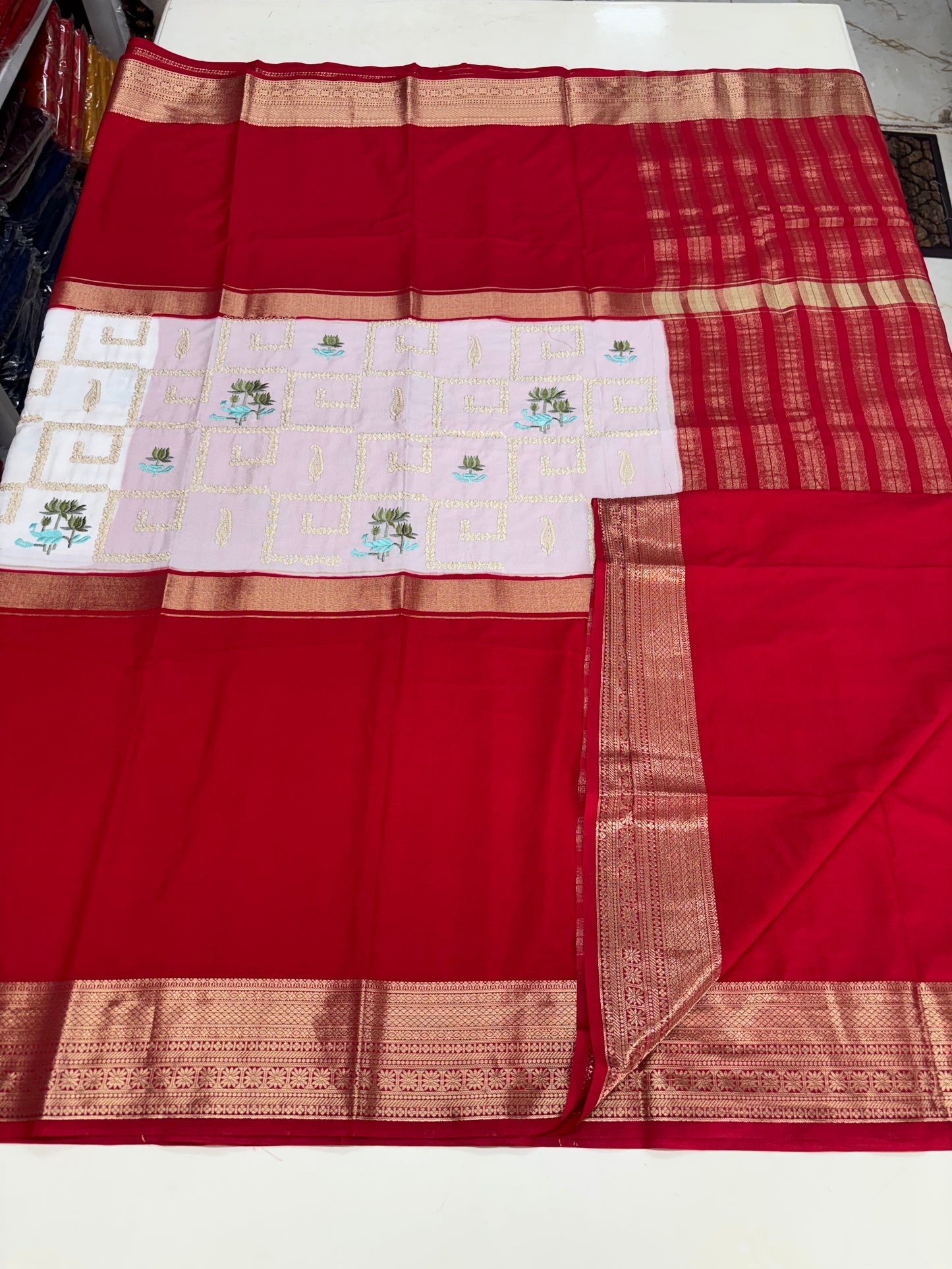 Semi Mysore Crepe (Premium, Center Golden and Lotus Embroidery)