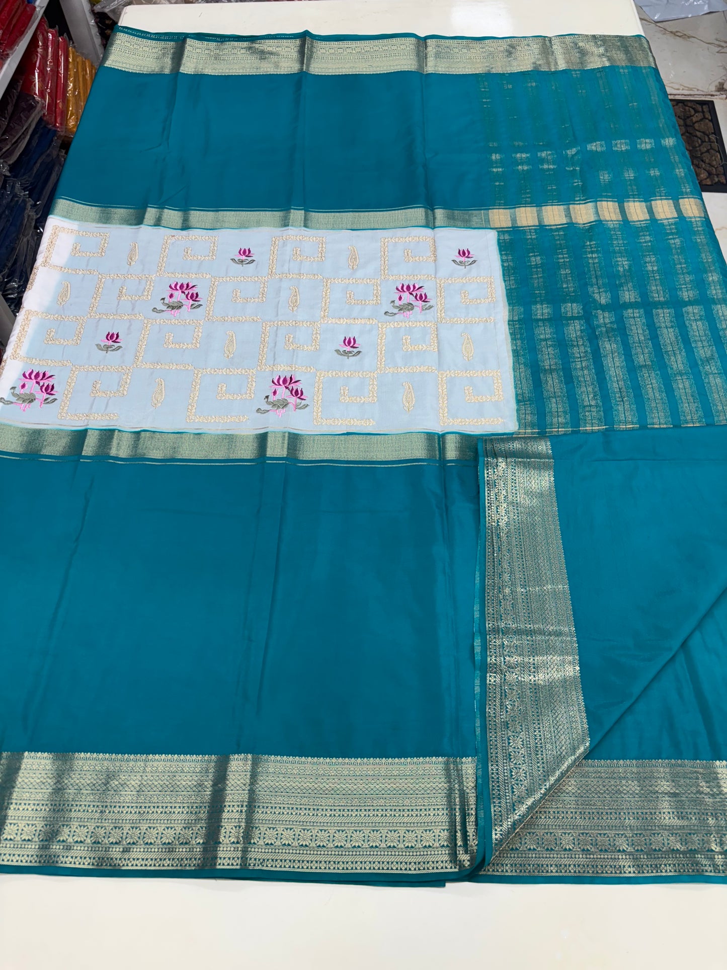 Semi Mysore Crepe (Premium, Center Golden and Lotus Embroidery)