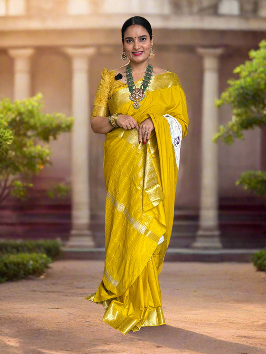 Semi Mysore Crepe (Premium, Center Golden and Lotus Embroidery)