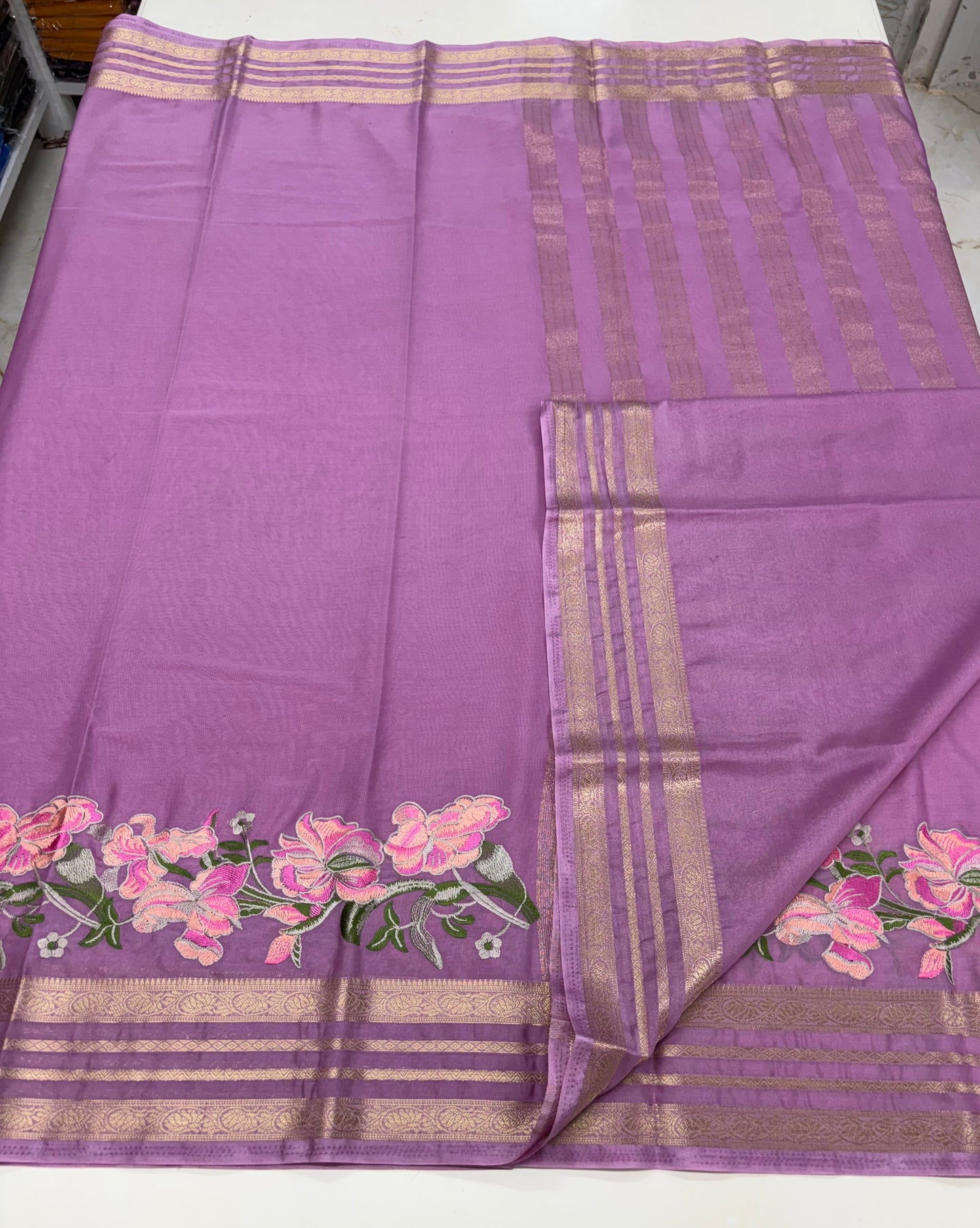 Semi Mysore Crepe (Floral Embroidery, Lotus Bentex Border)