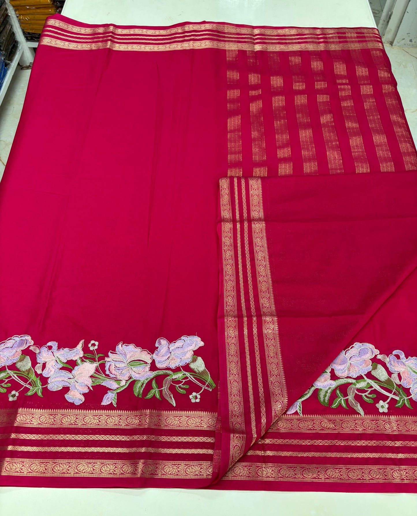 Semi Mysore Crepe (Floral Embroidery, Lotus Bentex Border)