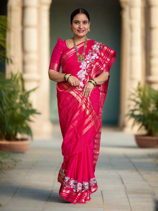 Semi Mysore Crepe (Floral Embroidery, Lotus Bentex Border)