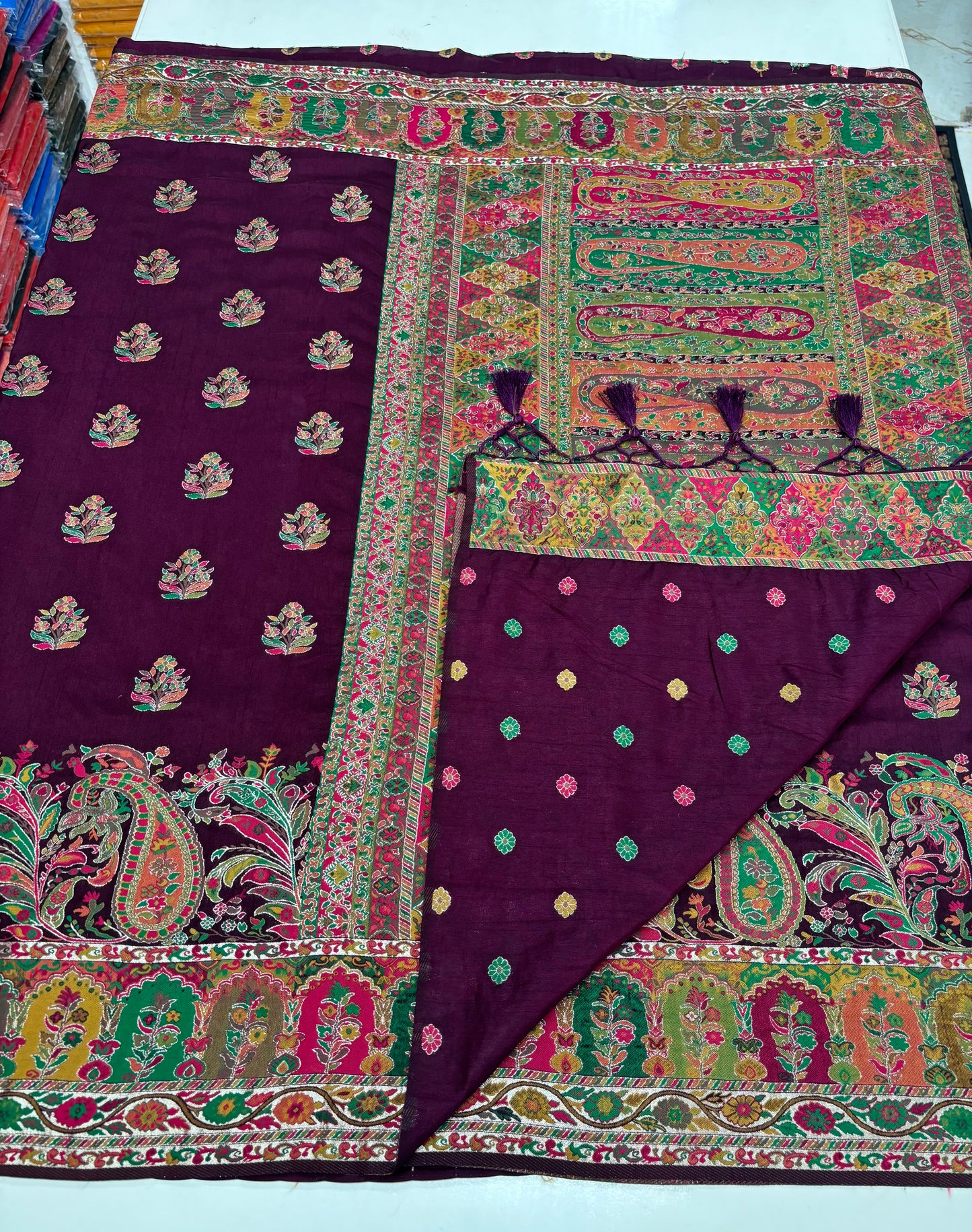 Kashmiri Pashmina Saree (Wine Colour Theme)