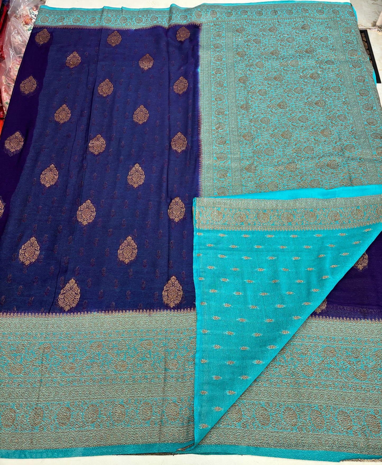 Banarasi Khaddi Georgette (Neem Zari Motifs and Rich Pallu)