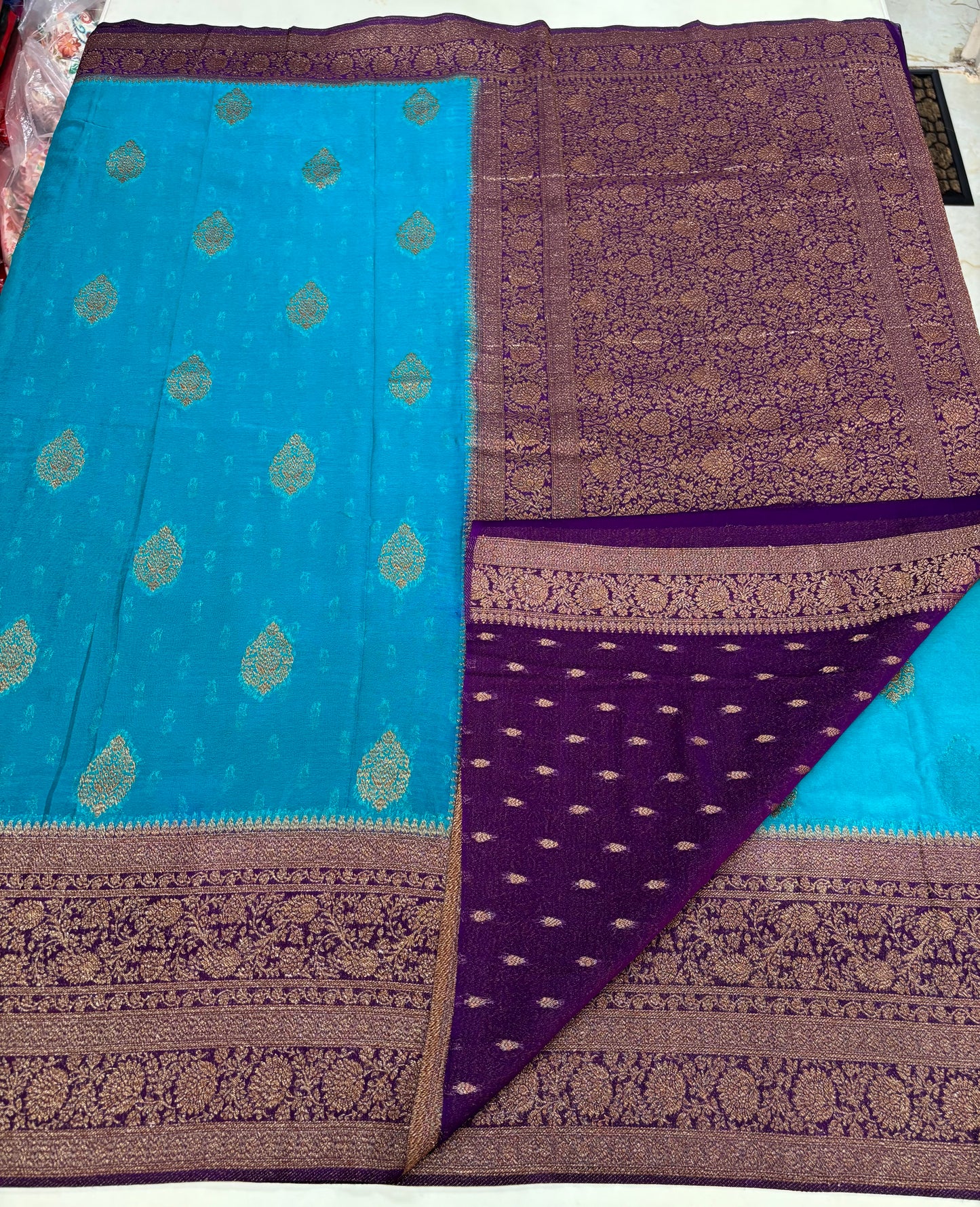 Banarasi Khaddi Georgette (Neem Zari Motifs and Rich Pallu)
