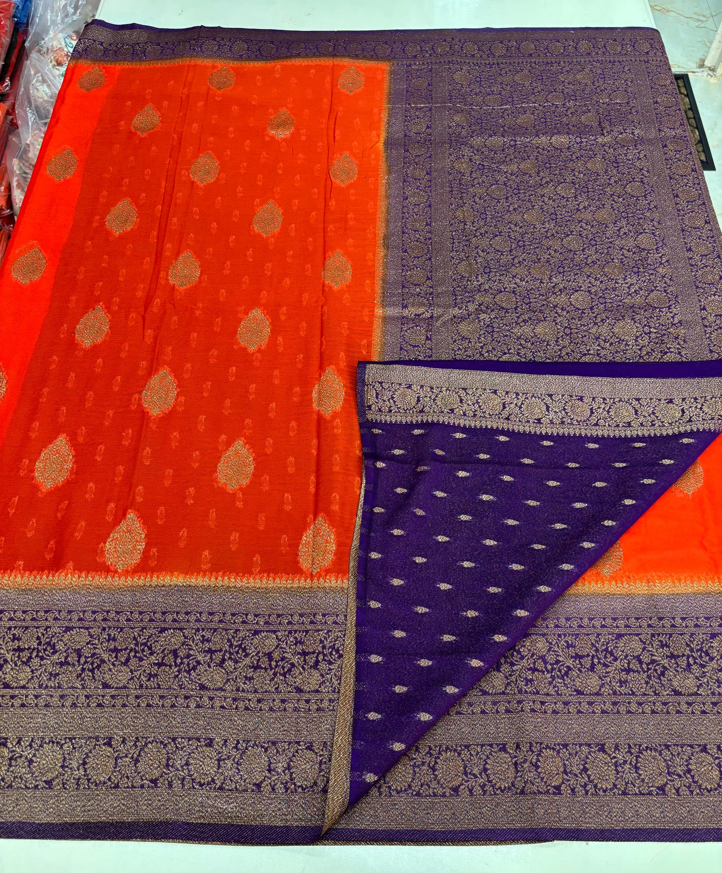 Banarasi Khaddi Georgette (Neem Zari Motifs and Rich Pallu)