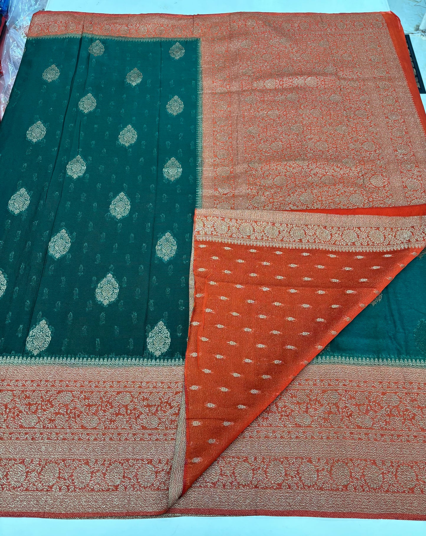Banarasi Khaddi Georgette (Neem Zari Motifs and Rich Pallu)