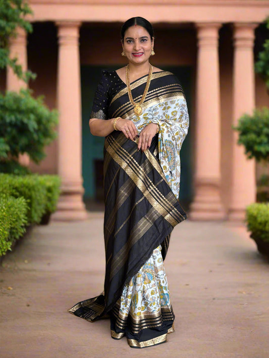 Semi Mysore Crepe (Floral and Peacock Kalamkari Print)