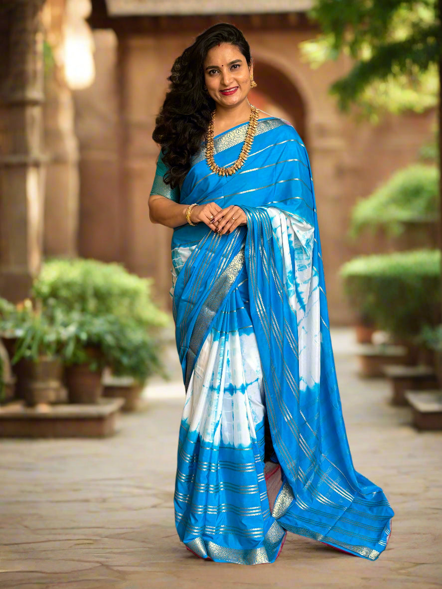 Semi Mysore Crepe (Shibori Dyed 2D, Golden Zari Horizontal Lines)
