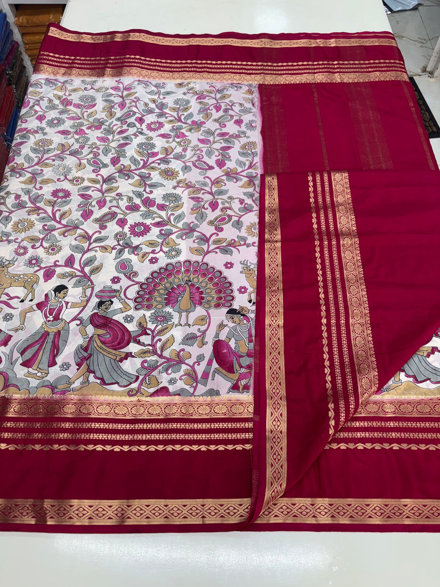 Semi Mysore Crepe (Floral and Peacock Kalamkari Print)