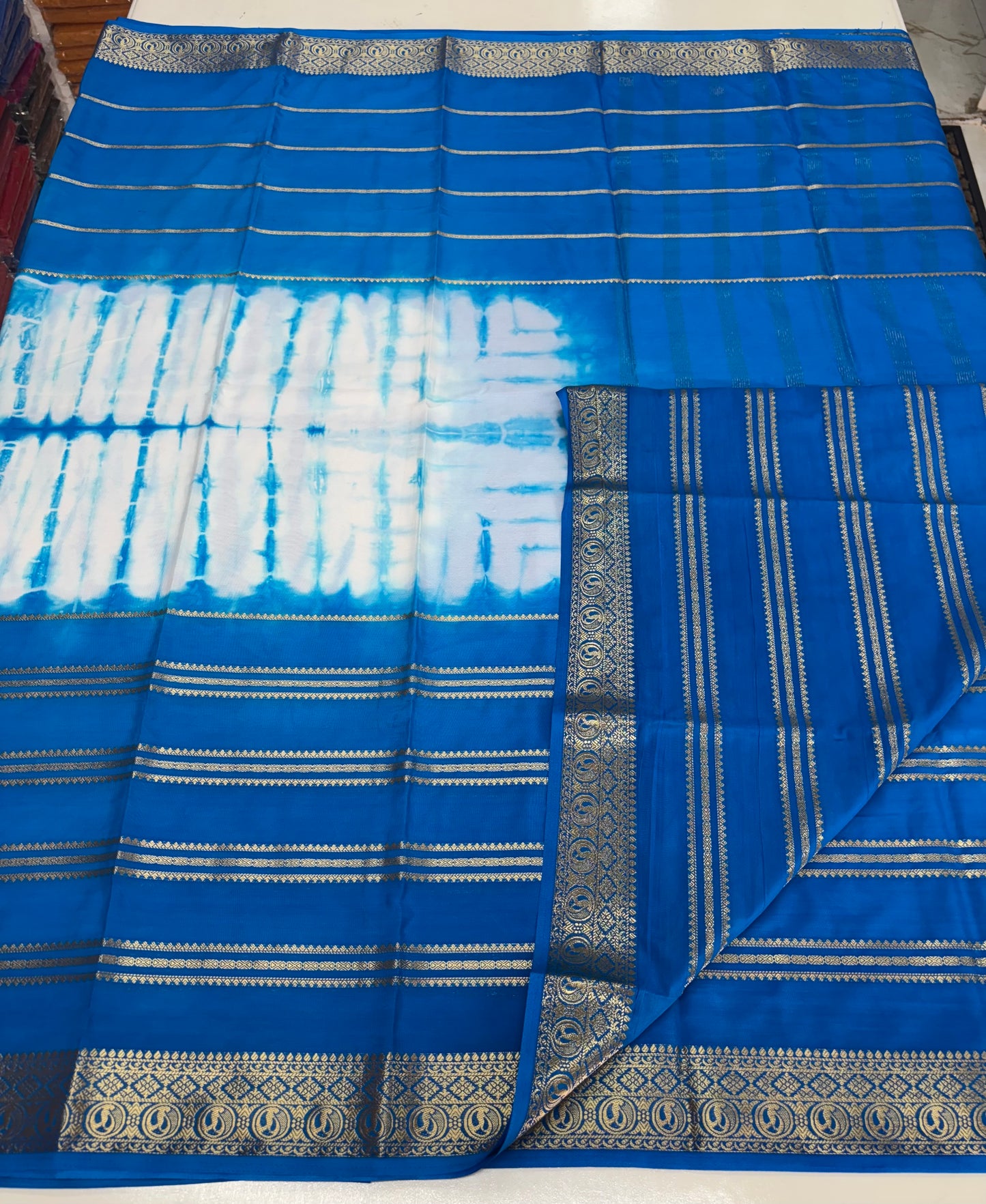 Semi Mysore Crepe (Shibori Dyed 2D, Golden Zari Horizontal Lines)
