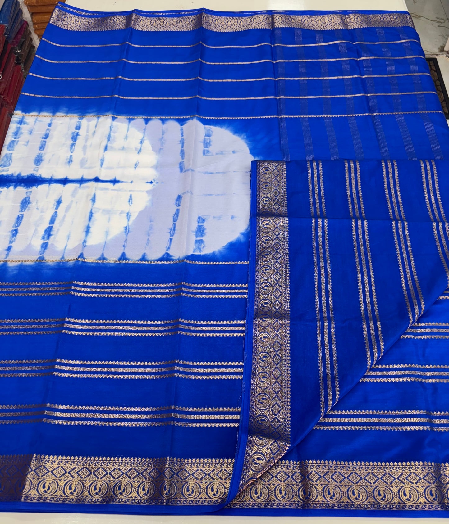 Semi Mysore Crepe (Shibori Dyed 2D, Golden Zari Horizontal Lines)