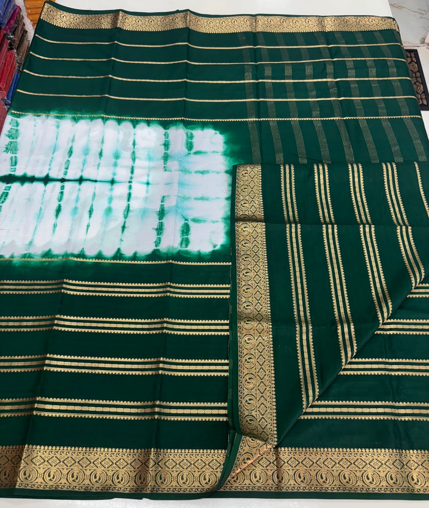 Semi Mysore Crepe (Shibori Dyed 2D, Golden Zari Horizontal Lines)