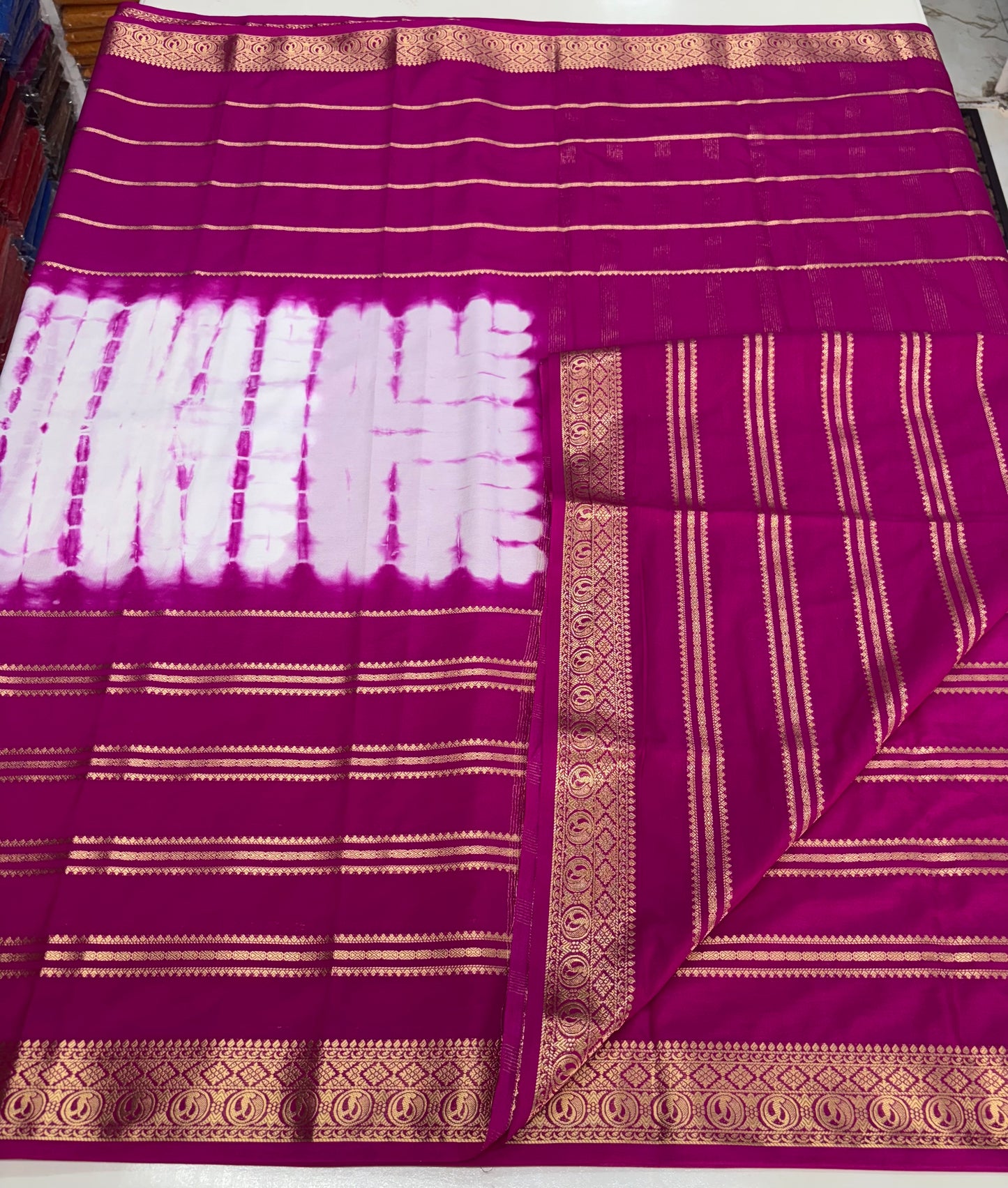 Semi Mysore Crepe (Shibori Dyed 2D, Golden Zari Horizontal Lines)