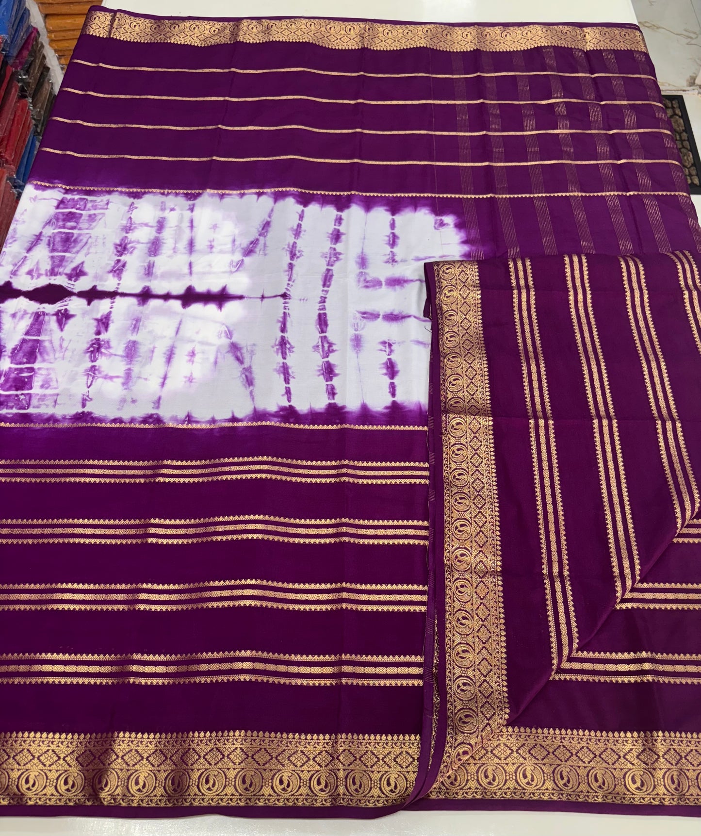 Semi Mysore Crepe (Shibori Dyed 2D, Golden Zari Horizontal Lines)