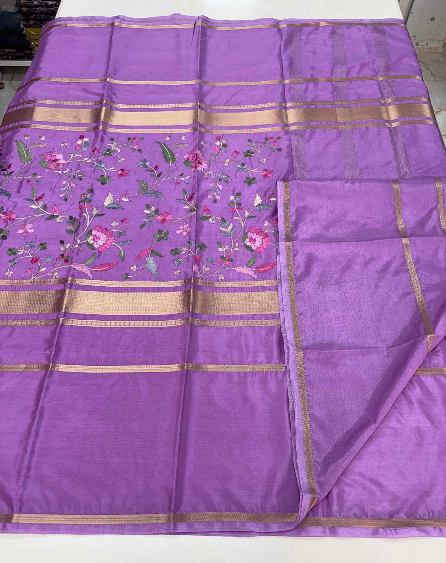 Semi Mysore Crepe (4 Lines Border, Body Embroidery Work)