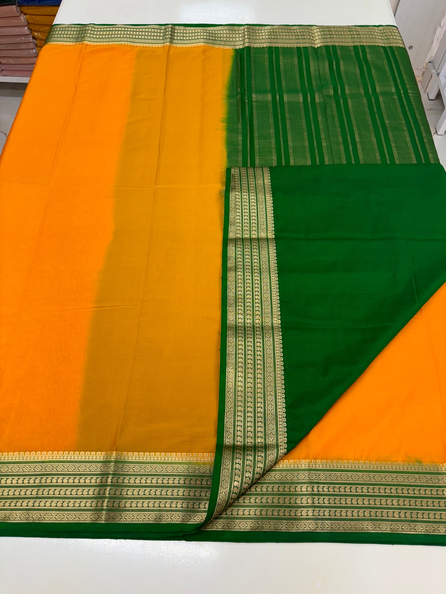 Semi Mysore Crepe Self Plain Medium sequence mango Border