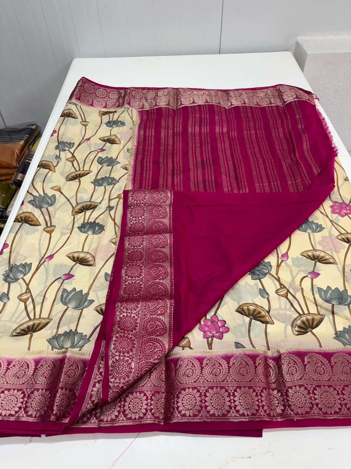 Semi Mysore Crepe (Floral Kalamkari Print with Antique border)