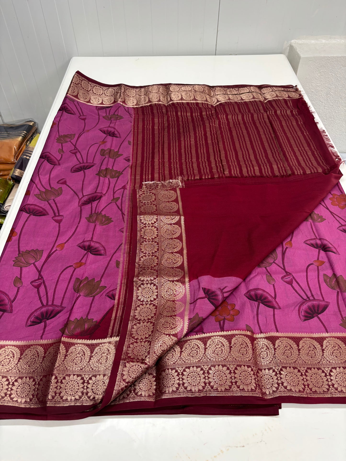 Semi Mysore Crepe (Floral Kalamkari Print with Antique border)