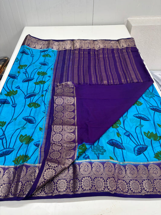 Semi Mysore Crepe (Floral Kalamkari Print with Antique border)