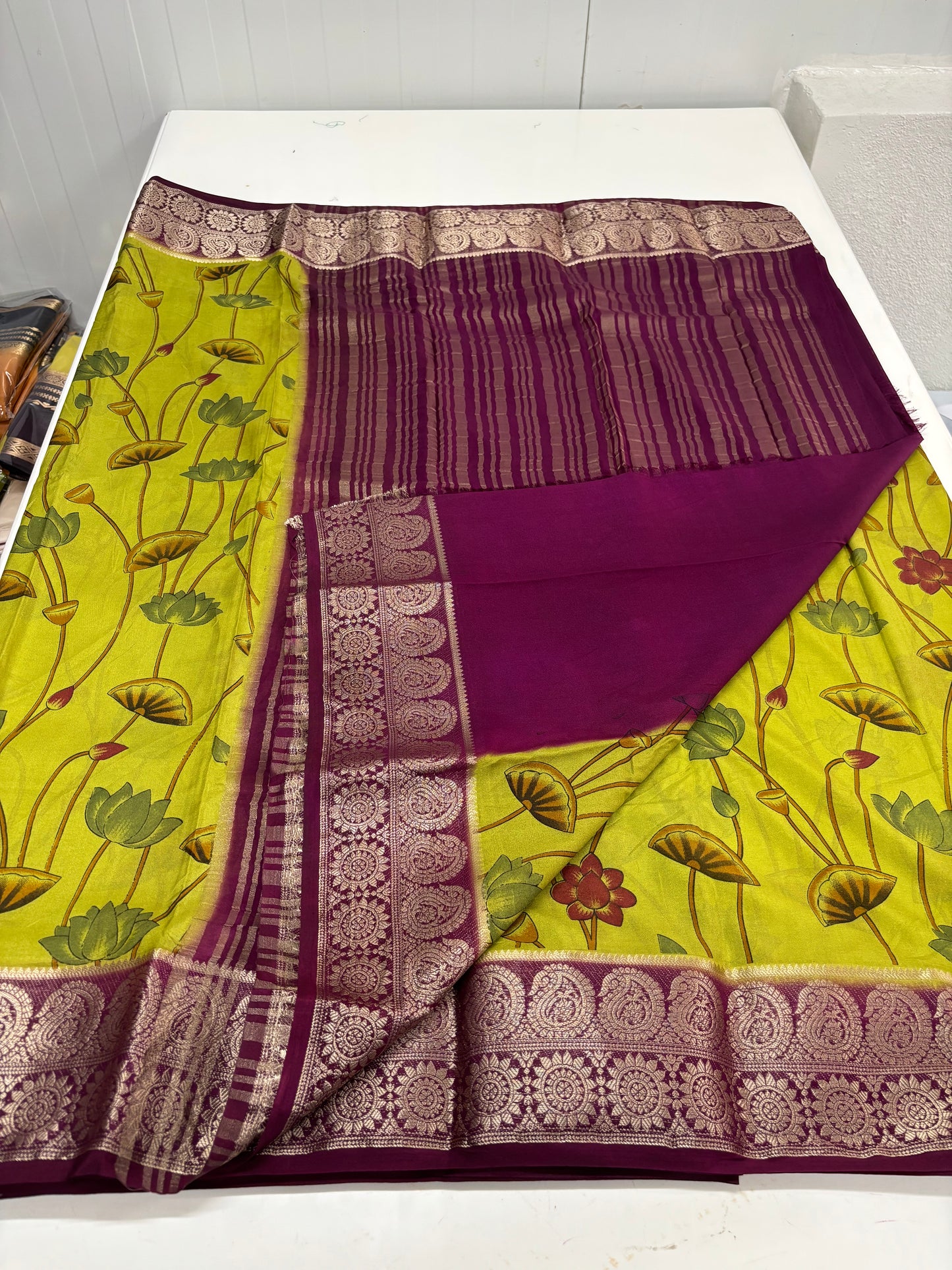 Semi Mysore Crepe (Floral Kalamkari Print with Antique border)
