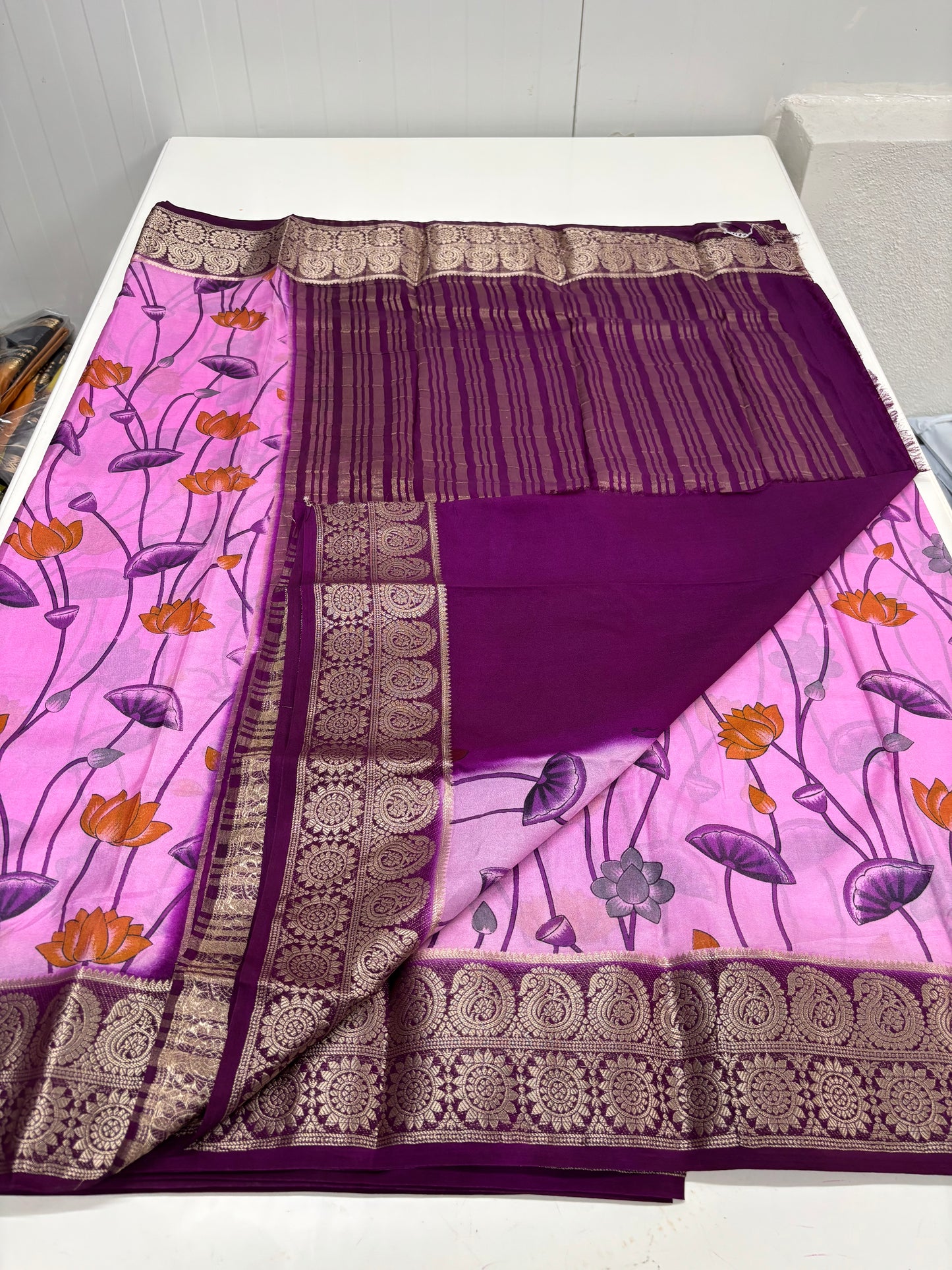 Semi Mysore Crepe (Floral Kalamkari Print with Antique border)