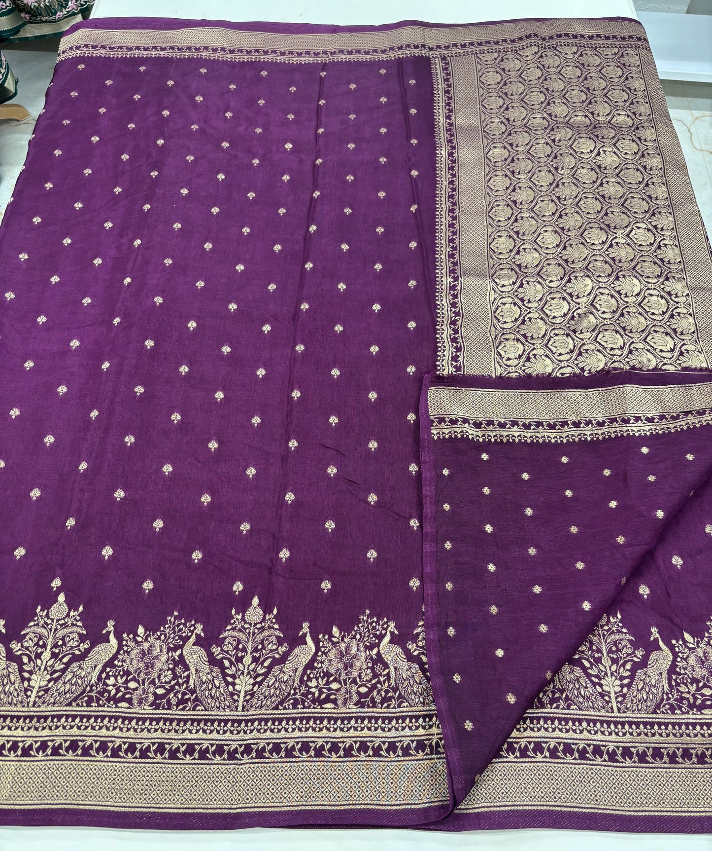Banarasi Viscose Saree (Premium, Motifs Body, Peacock Border)